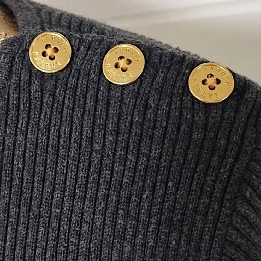 Lauren Ralph Lauren Rib Knit, Gold Button Shoulder, Gray & Cream Stripe Sweater - Picture 3 of 11